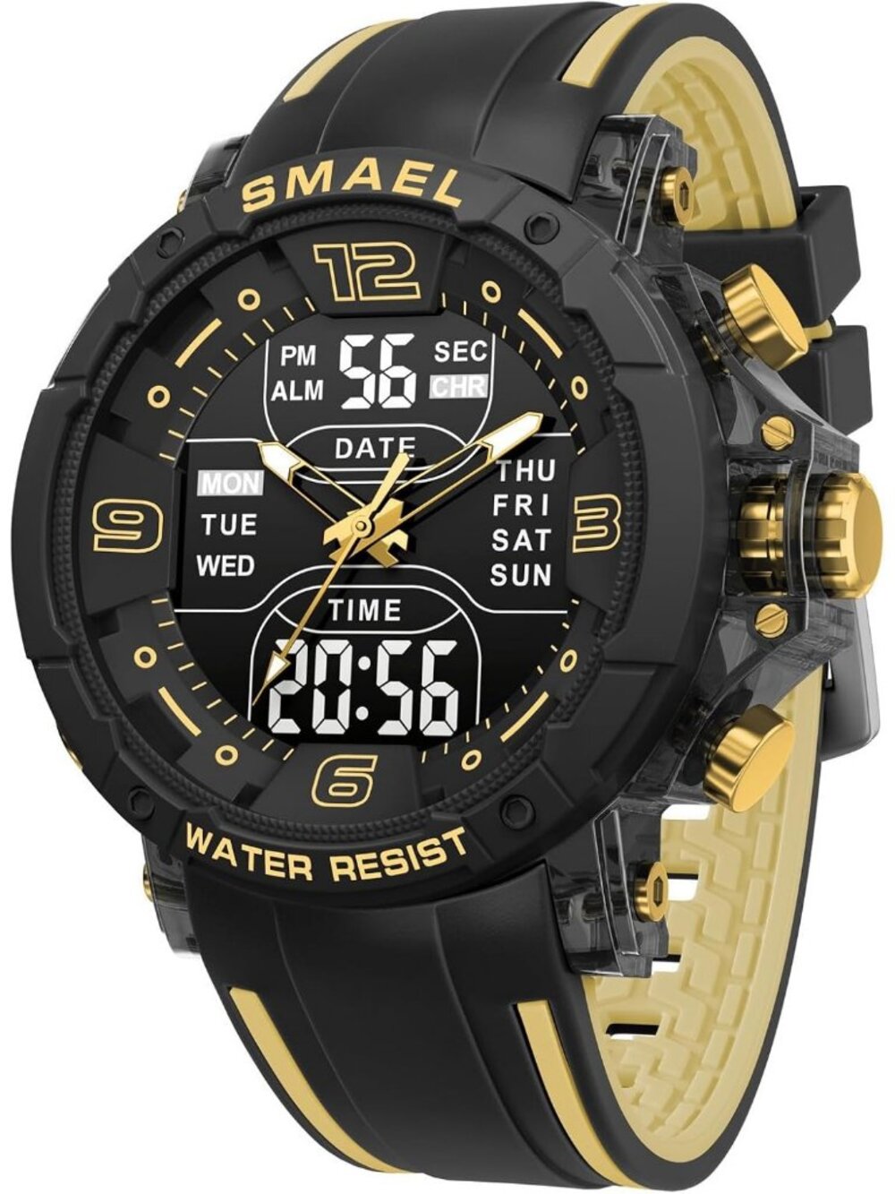 Men's Black Gold Analog Digital LED Backlight Stopwatch Silicone Band Wristwatch